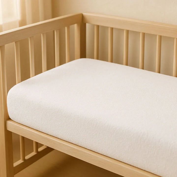 White baby waterproof cotton mattress protector fitted on a crib bed in a softly lit, minimalist bedroom