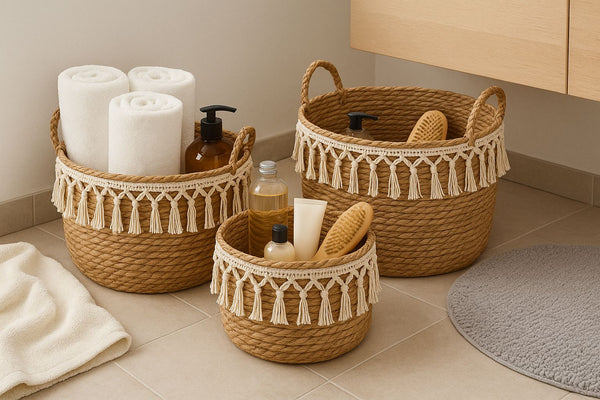 Three woven baskets with tassels containing bathroom items on a tiled floor.