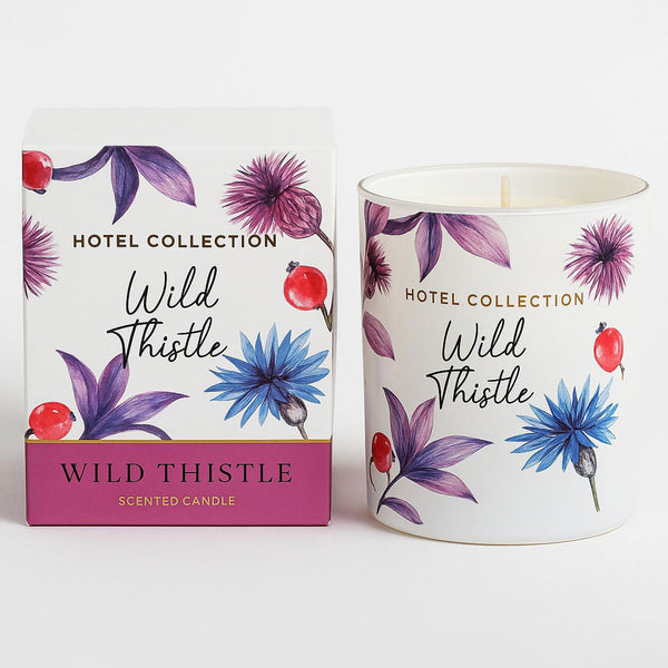 Hotel Collection Wild Thistle scented candle and packaging on a white background