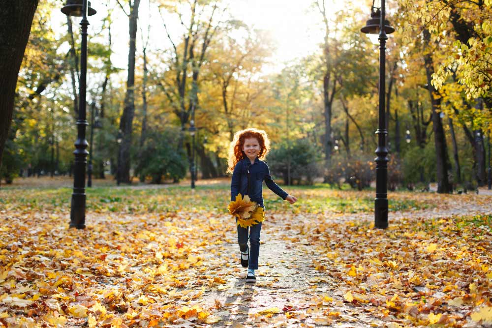 Child holding autumn leaves in a park with trees and fallen leaves on the ground