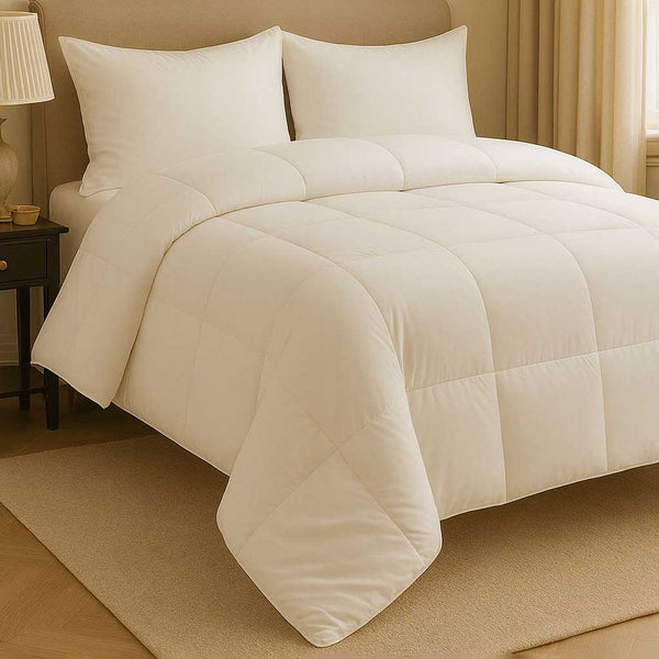 white  quilt on a bed in a bedroom setting