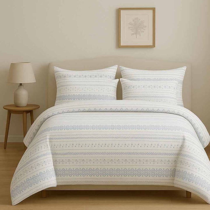 Bedding set with a patterned design in a bedroom setting