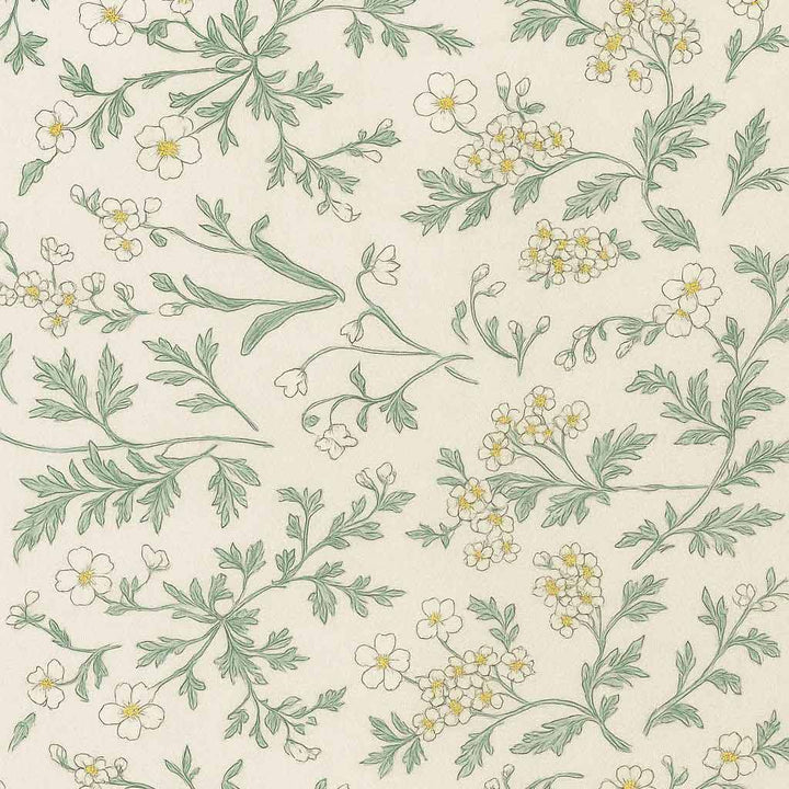 Floral and leaf pattern with green leaves and white flowers on a beige background