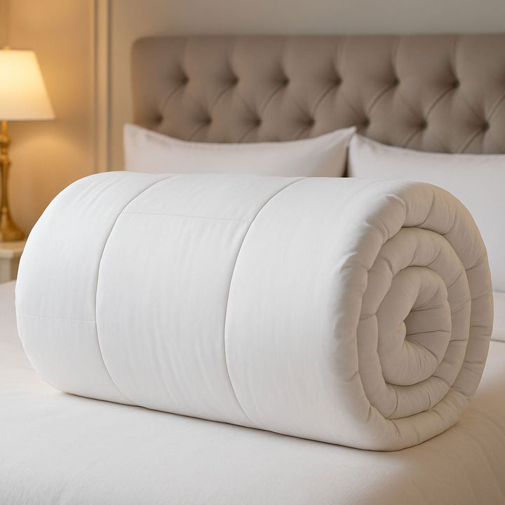Rolled-up white quilt on a bed with a tufted headboard.
