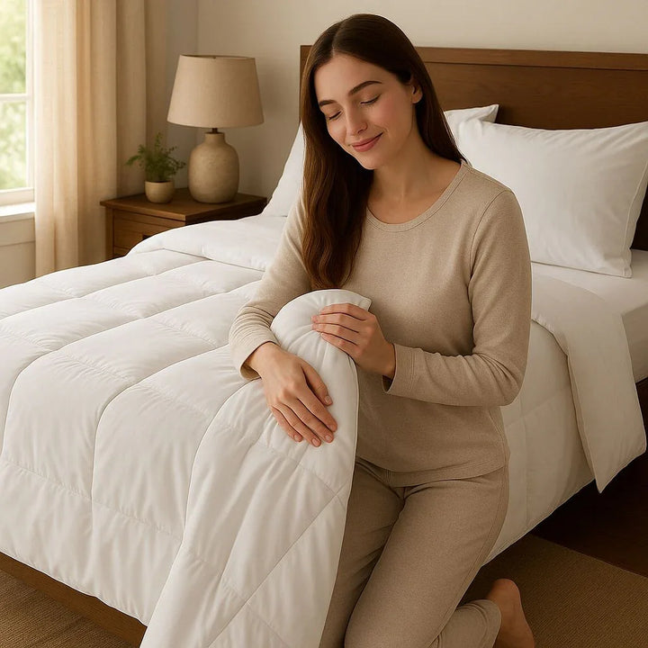 Woman in beige pajamas holding a white quilt in a bedroom.