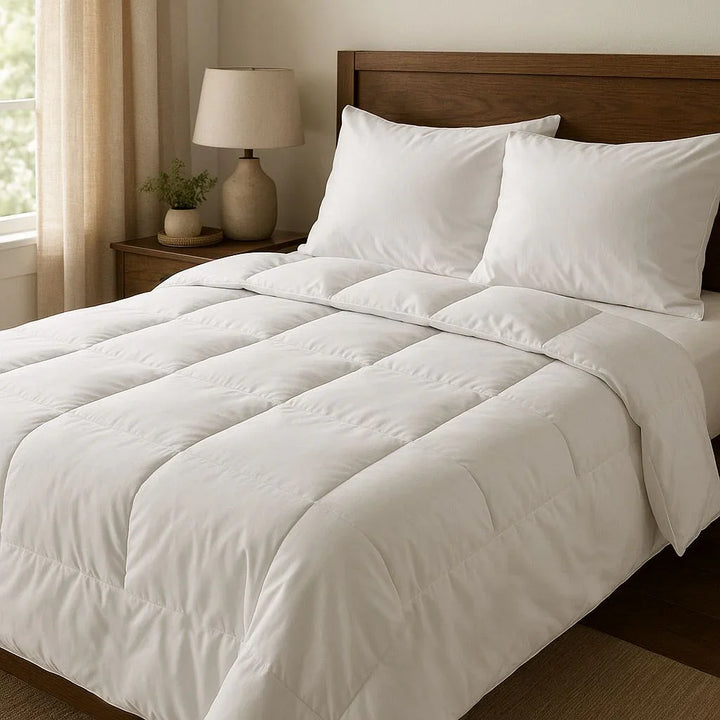 White quilt and pillows on a bed in a bedroom setting with a lamp and plant.