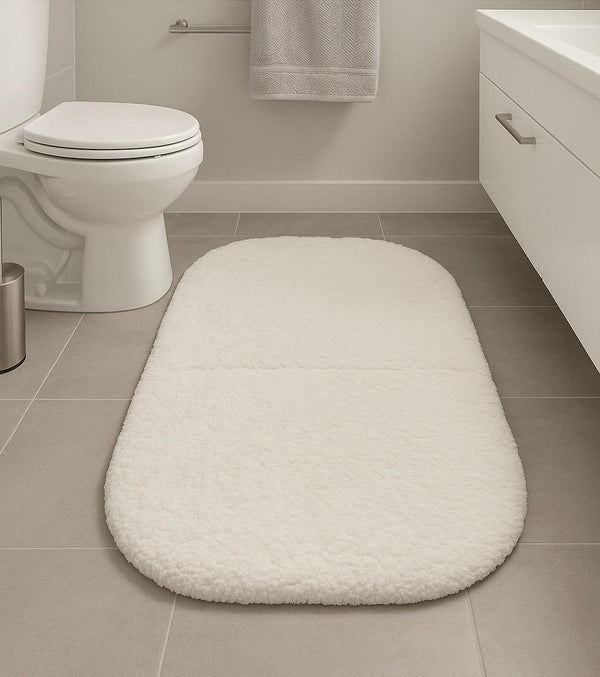 White bath mat on a bathroom floor with a toilet and sink in the background.