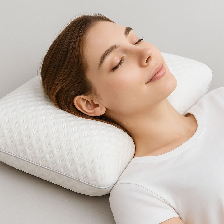 Woman sleeping on a white pillow with a neutral background