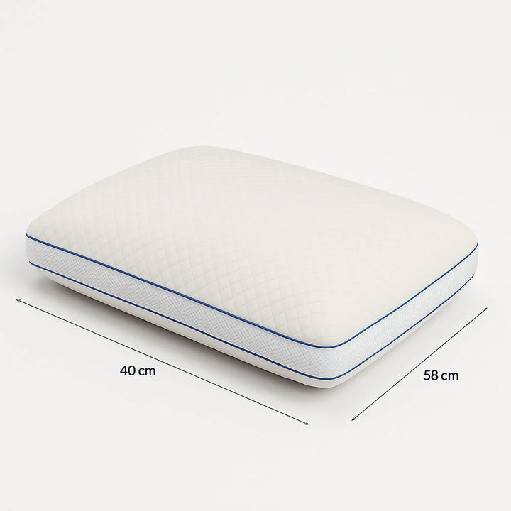 White quilted memory foam pillow with blue stitching on a white background, showing dimensions.