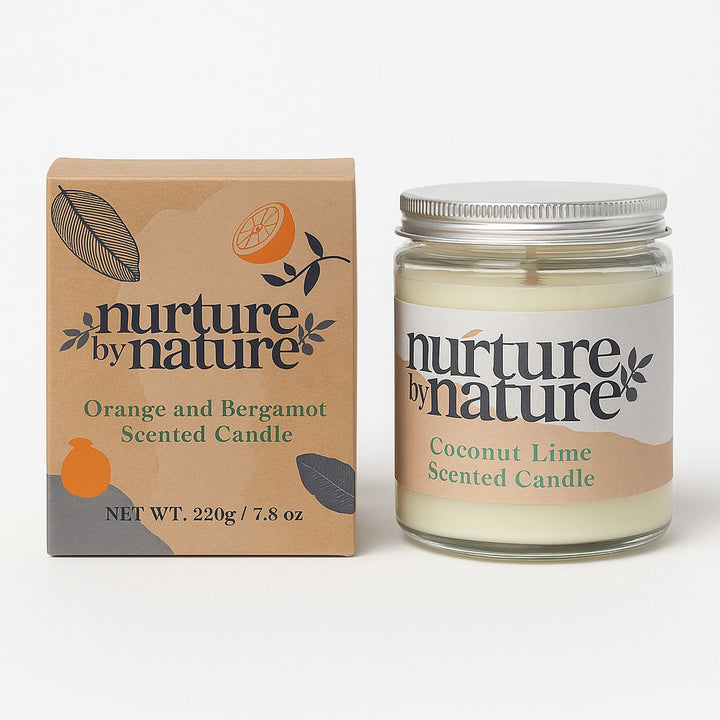Candle jar and packaging with 'nurture by nature' branding on a white background