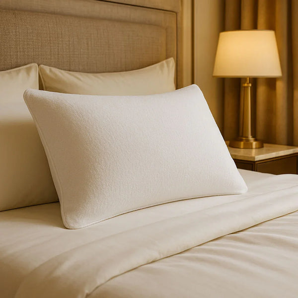 White waterproof cotton pillow protector placed on a bed