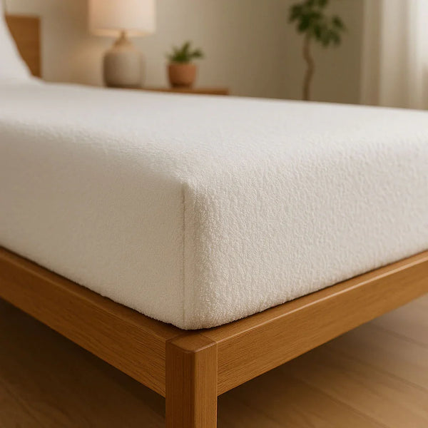 White waterproof cotton mattress protector fitted on a bed in a softly lit, minimalist bedroom