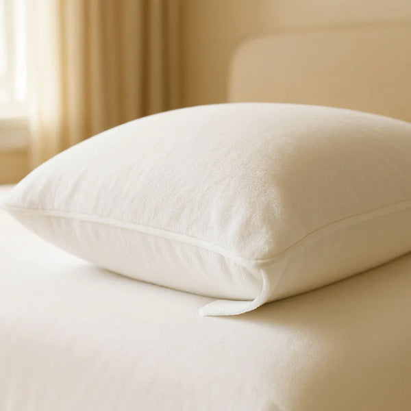 White waterproof cotton pillow protector placed on a bed