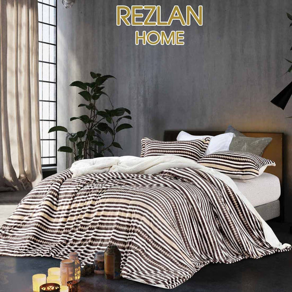 Bedroom with striped bedding and 'Rezlan Home' branding.